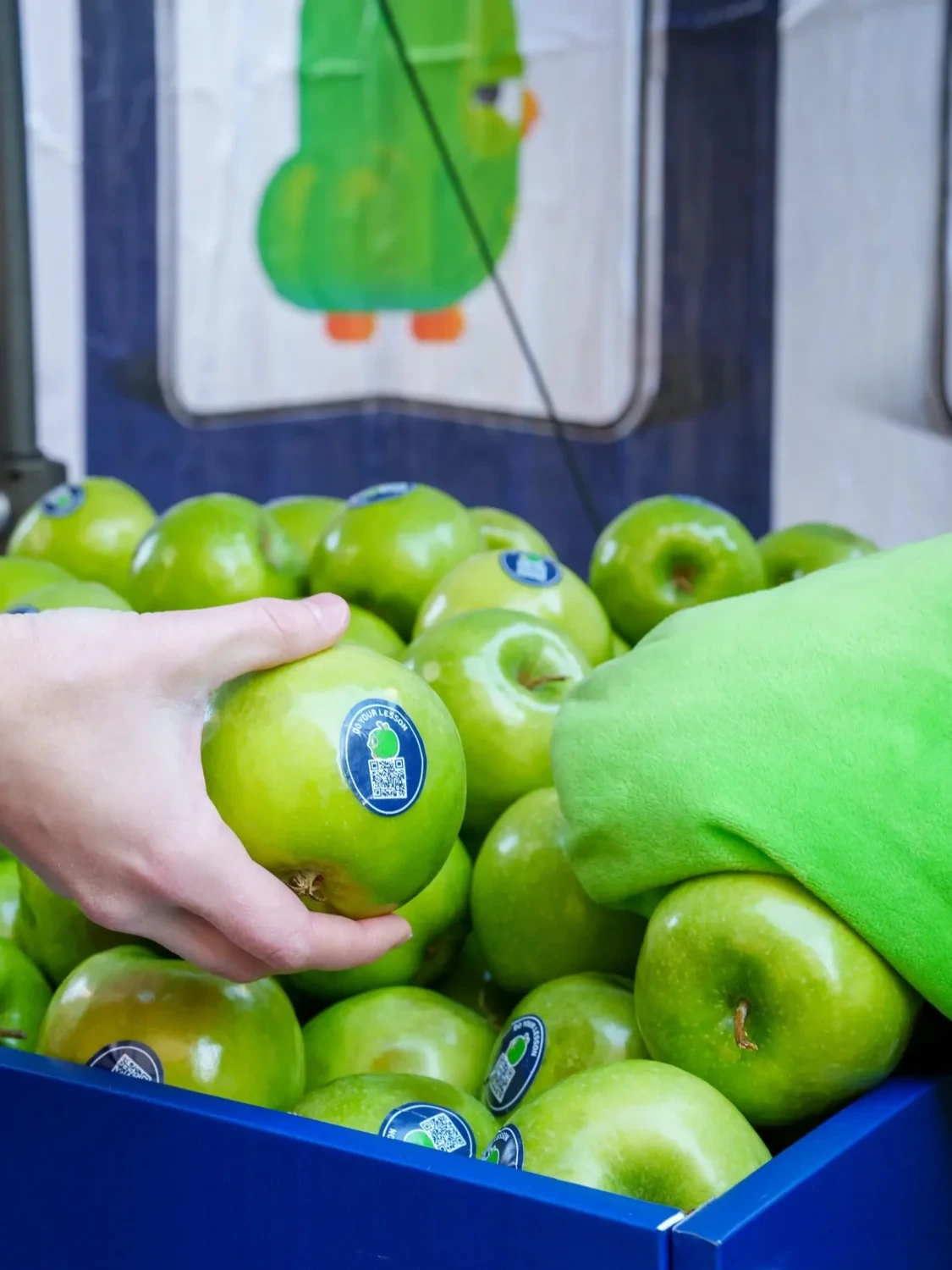 Manzanas verdes de la activación Apple Duo de Duolingo con stickers y códigos QR entregadas durante el lanzamiento del iPhone Duo.