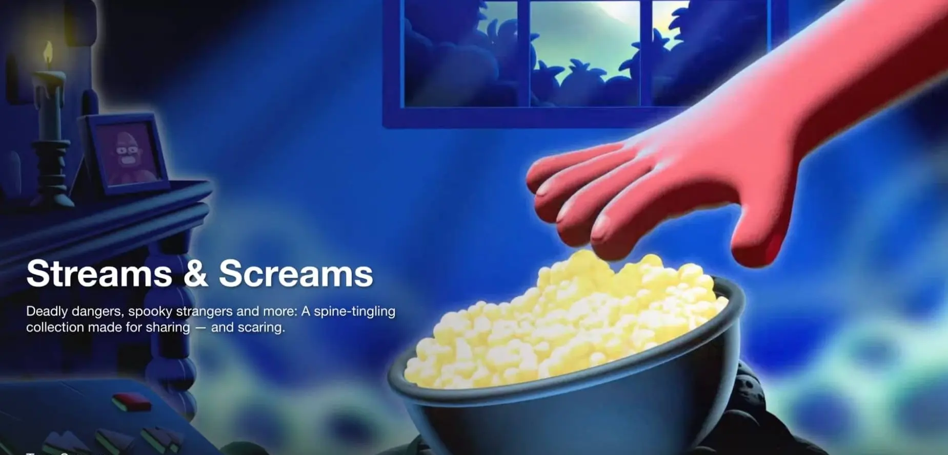 An skeleton and human hand, grabbing popcorn
