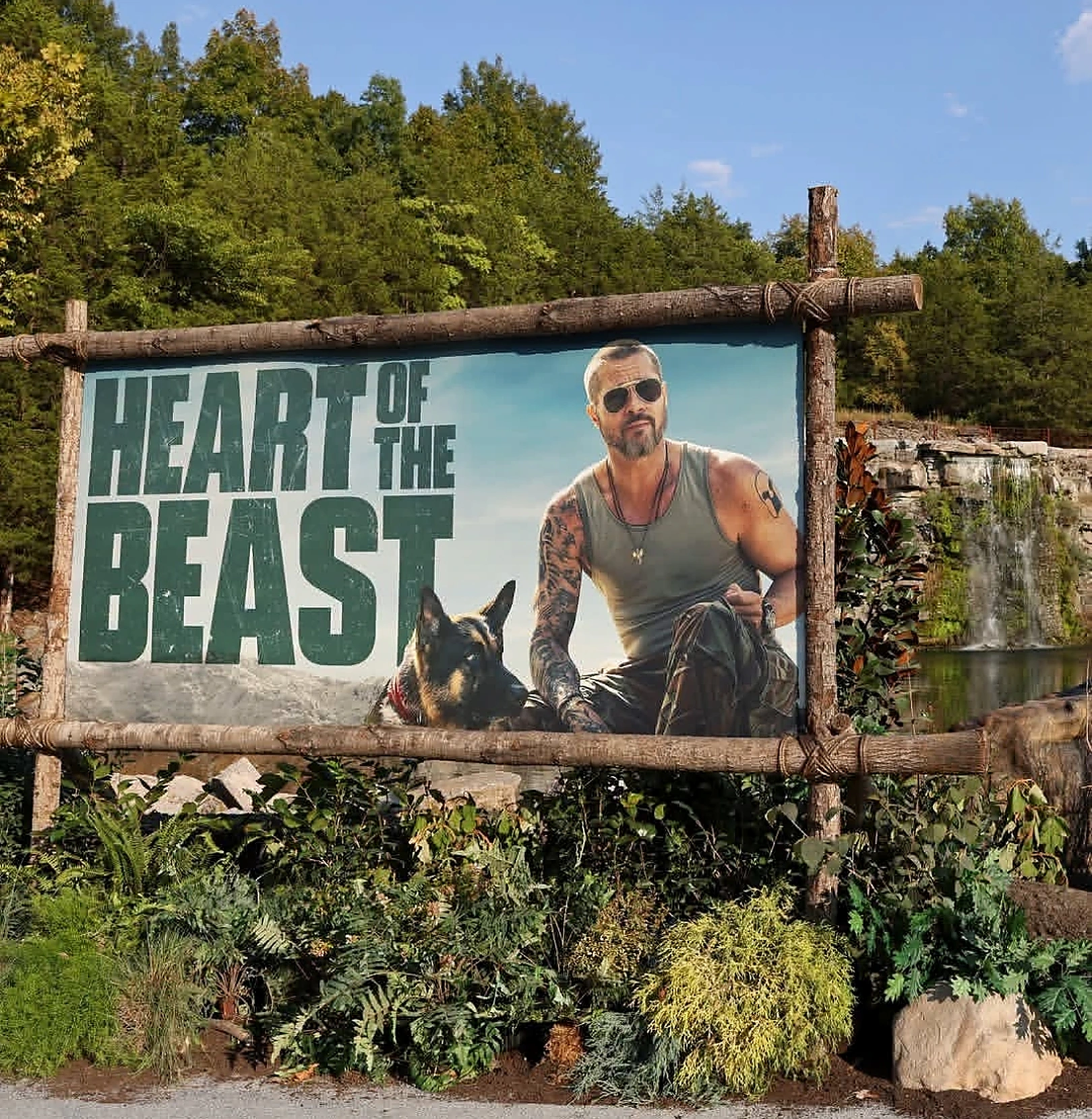 Billboard de Heart of the Beast con Brad Pitt y un perro en un entorno natural, acompañado del título Heart of the Beast.