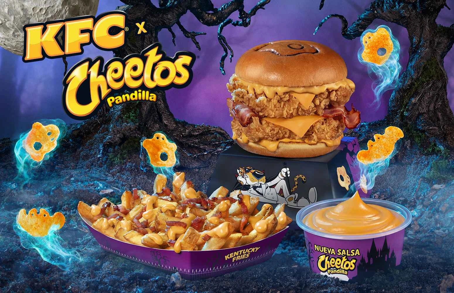 Visual promocional del menú KFC x Cheetos Pandilla para Halloween, con burger, papas, salsa y fantasmas del snack.
