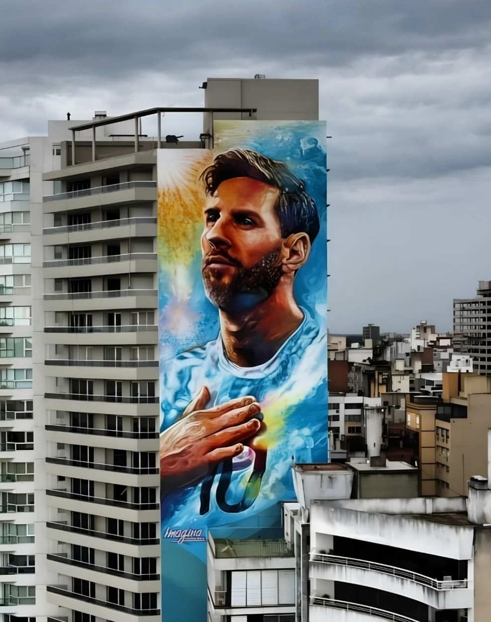 Gran mural vertical en una fachada urbana con un retrato de Lionel Messi vistiendo los colores de Argentina.
