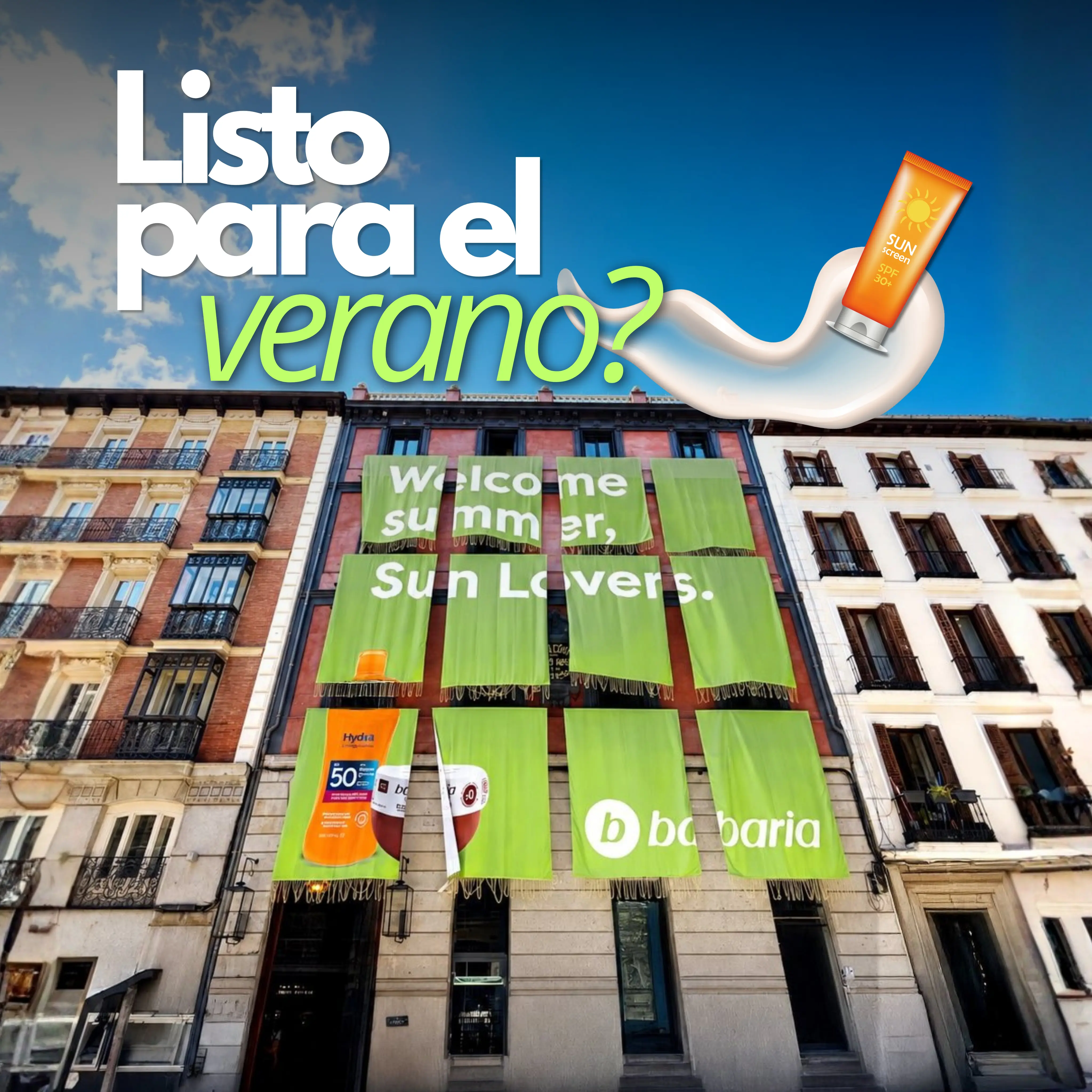 Campaña OOH de Babaria: fachada con 12 toallas para el verano
