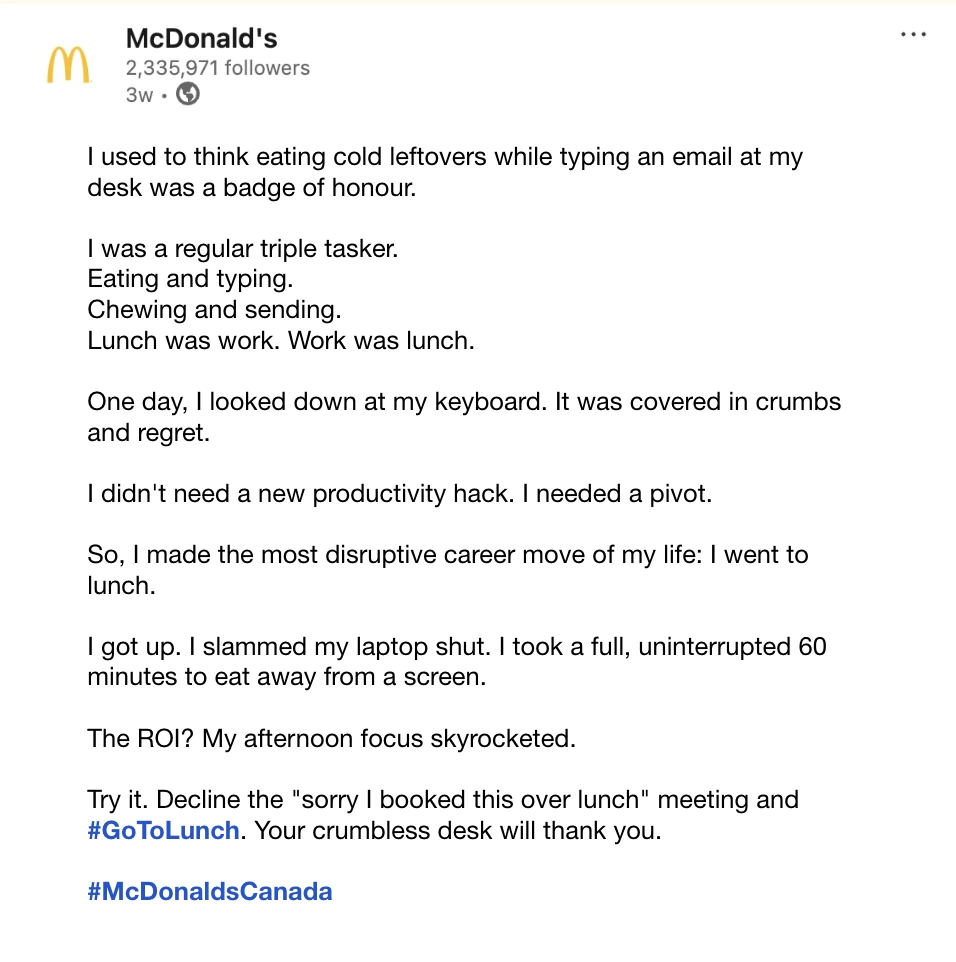 Publicación de LinkedIn de McDonald's invitando a cerrar la laptop, alejarse de la pantalla y recuperar la hora de comida con el hashtag GoToLunch.