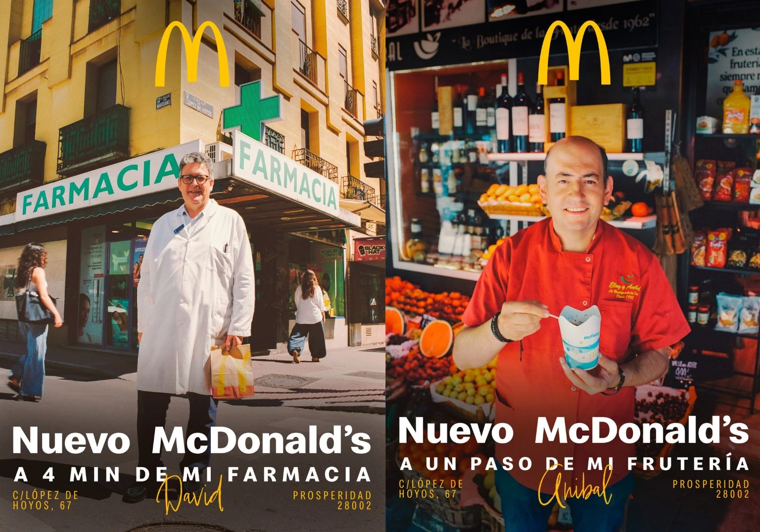 Composición de dos piezas de la campaña de McDonald’s Uno más del barrio, una junto a una farmacia y otra con una frutería local en Prosperidad.