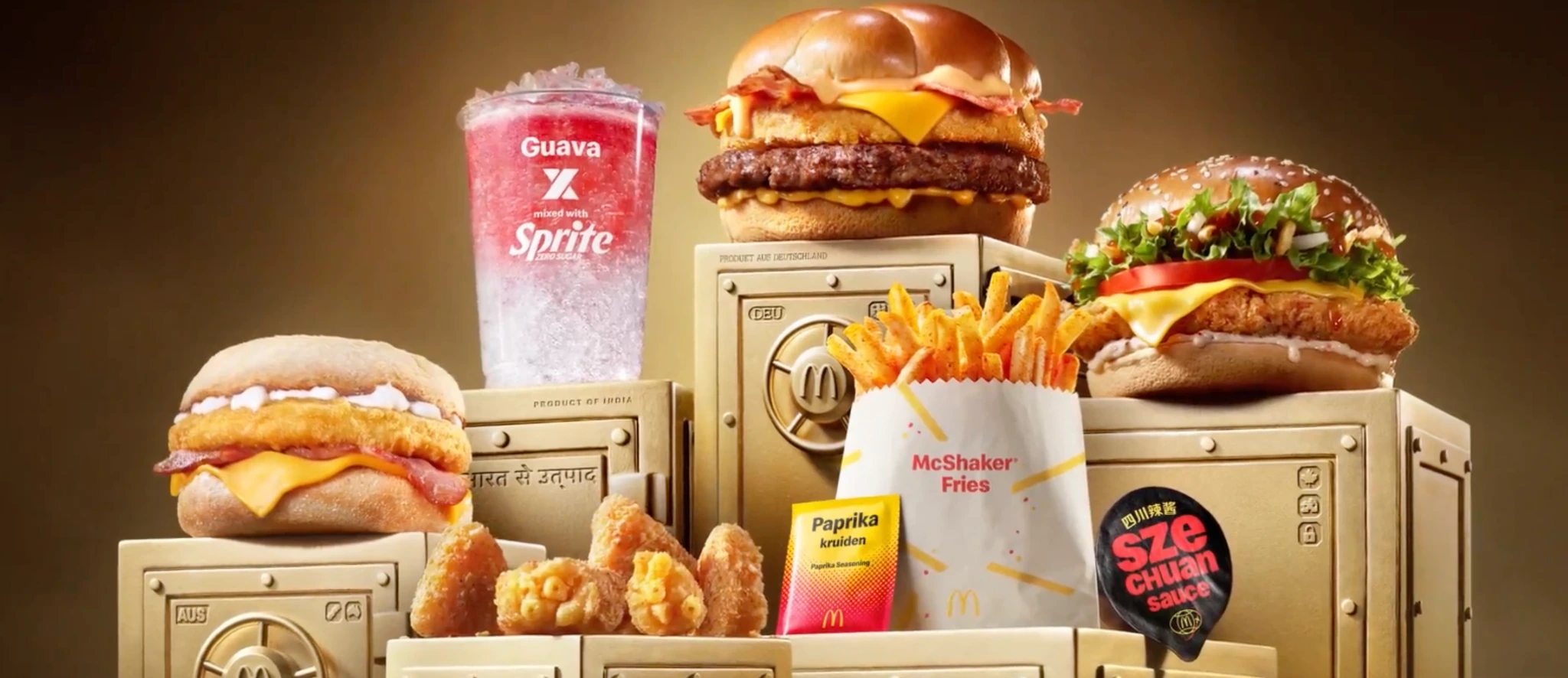 Close-up de productos internacionales de McDonald’s World Menu Heist sobre cajas fuertes doradas, incluyendo hamburguesas, papas sazonadas, una bebida y salsa Szechuan.
