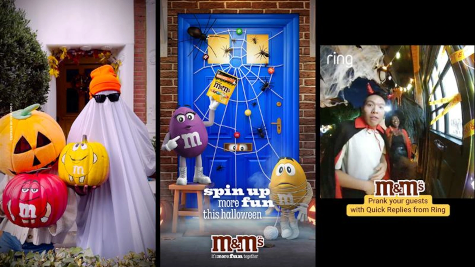 Pieza de bus shelter de M&M’s para Halloween con personajes morado y amarillo junto a una puerta azul decorada con telarañas.