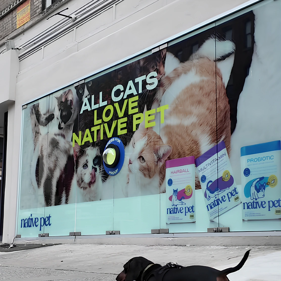 Escaparate publicitario de Native Pet con gatos, productos visibles y un botón interactivo como parte de una activación OOH.
