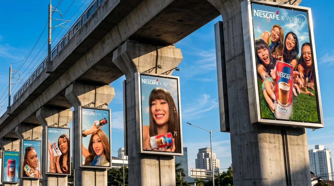 Serie de anuncios verticales de NESCAFÉ x no na junto a infraestructura de tránsito en Yakarta, mostrando a las artistas y latas de NESCAFÉ.