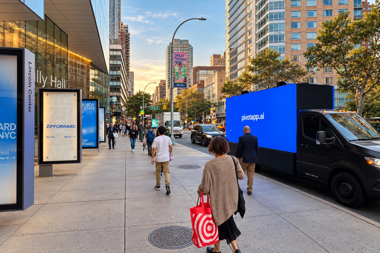 Camión digital azul de Pivot circulando en Manhattan junto a señalización de Zip Forward y mobiliario urbano de publicidad exterior en Nueva York.