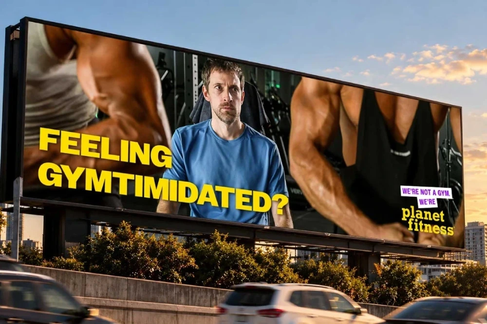 Billboard de Planet Fitness con una persona nerviosa rodeada por imágenes exageradas de hombres musculosos y el mensaje Feeling Gymtimidated.