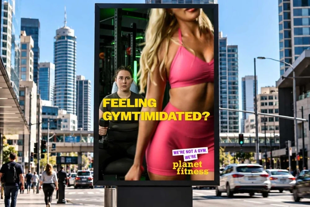 Anuncio OOH vertical de Planet Fitness con una persona intimidada en el gimnasio junto a una figura fitness en ropa rosa y el mensaje Feeling Gymtimidated.
