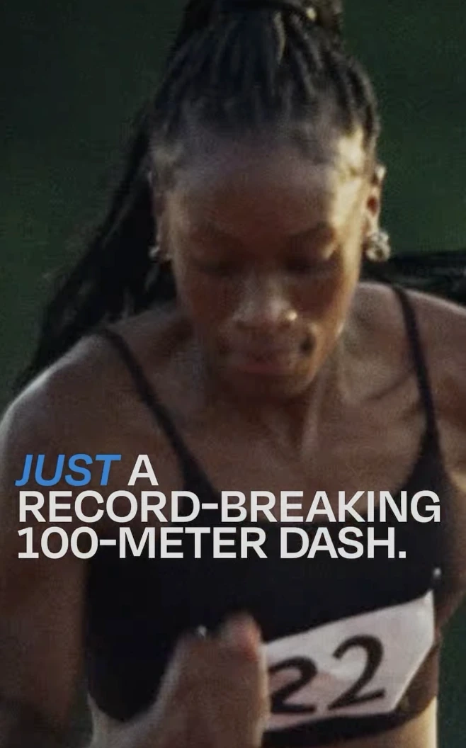Pieza de POWERADE con una velocista y el mensaje Just a Record-Breaking 100-Meter Dash.