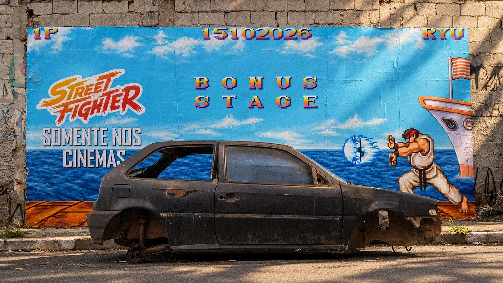 Instalación OOH de Street Fighter en Brasil con pixel art del Bonus Stage y un automóvil real abandonado colocado frente al mural.