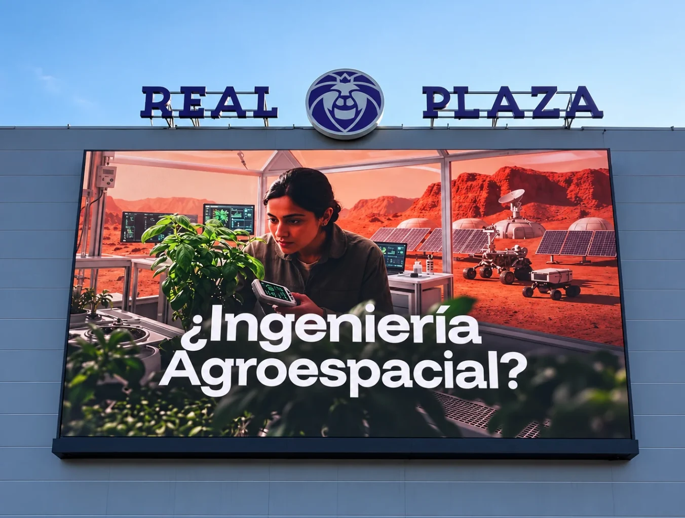 Panel OOH de UTEC con la pregunta Ingeniería Agroespacial sobre una escena de cultivo, tecnología y exploración en Marte.